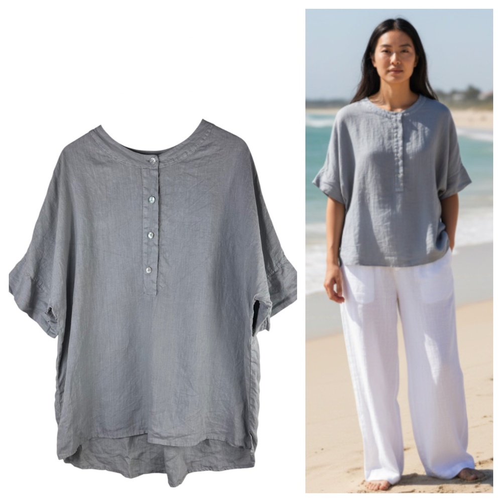Grand Greece Top Tunic Shirt Sz Medium LINEN Gray Boxy Coastal Lagenlook